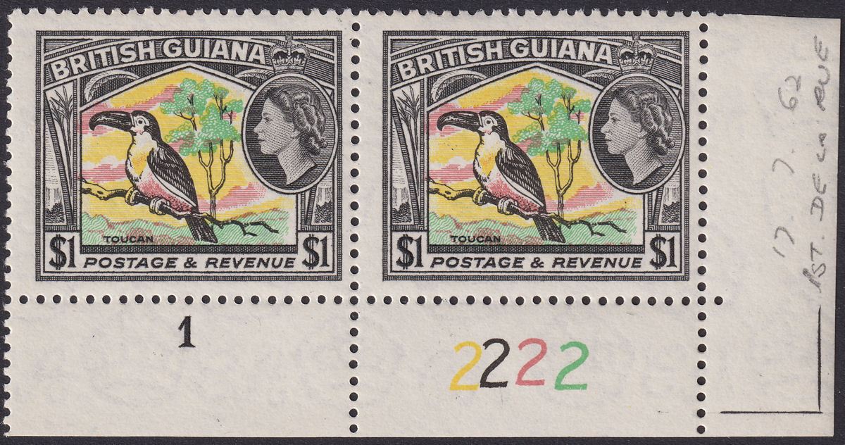 British Guiana 1962 QEII $1 De La Rue Plate 1-2-2-2-2 Corner Pair Mint SG343