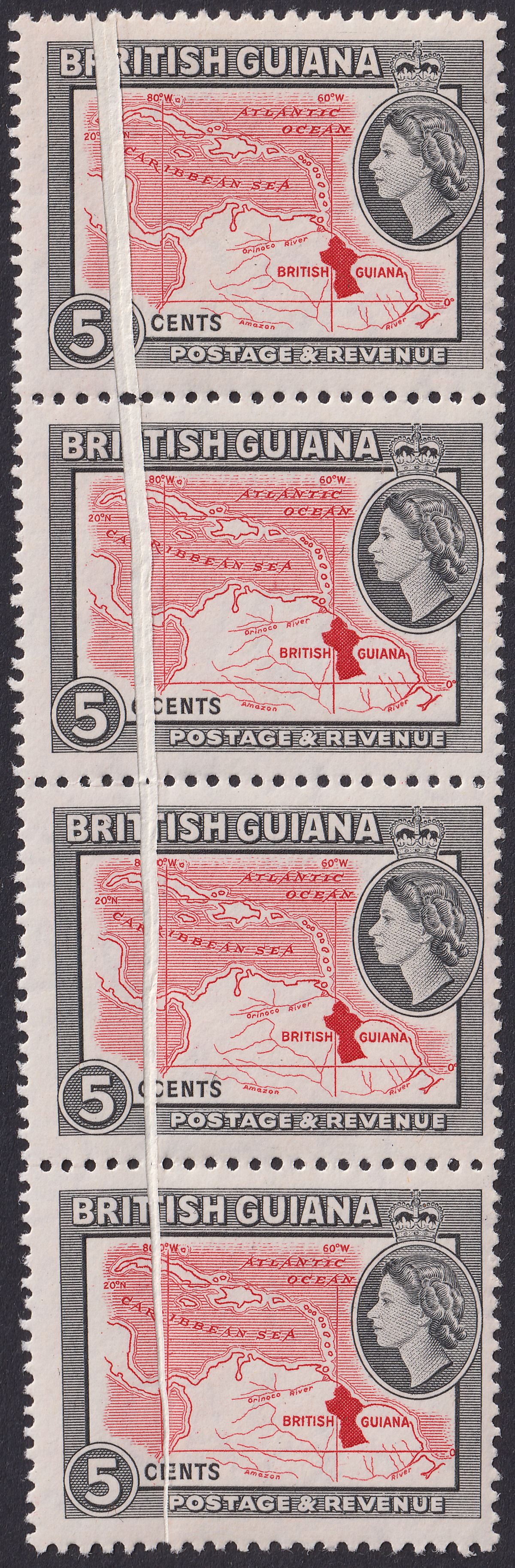 British Guiana 1964 QEII 5c Strip of 4 Spectacular Pre-Printing Paper Fold Mint