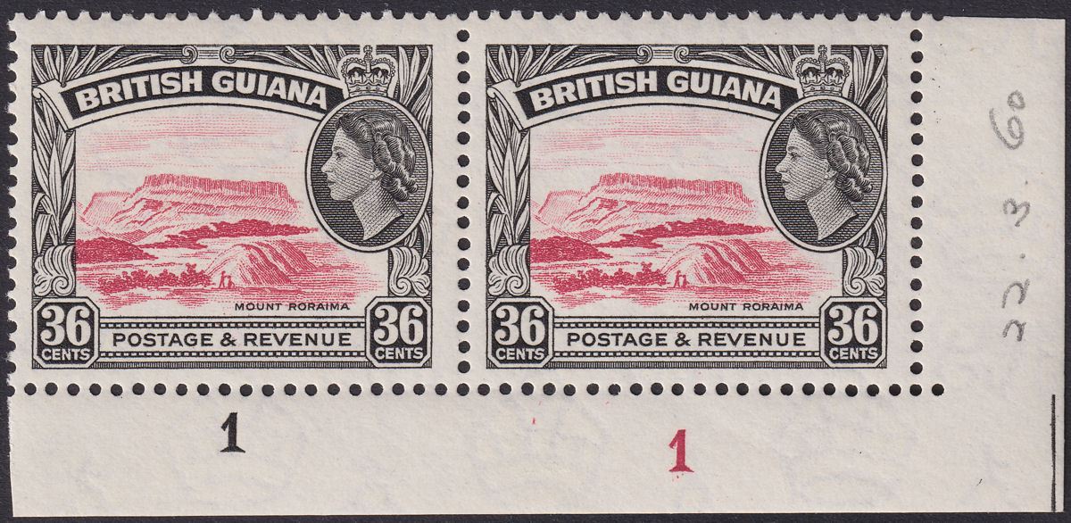 British Guiana 1960 QEII 36c Rose-Carmine + Black Plate 1 Corner Pair Mint SG340