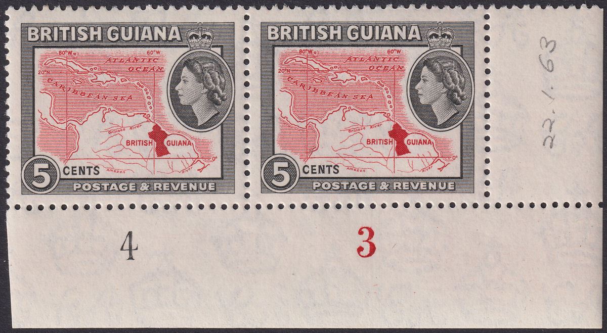British Guiana 1963 QEII 5c Plate 4-3 Corner De La Rue Pair Mint SG335