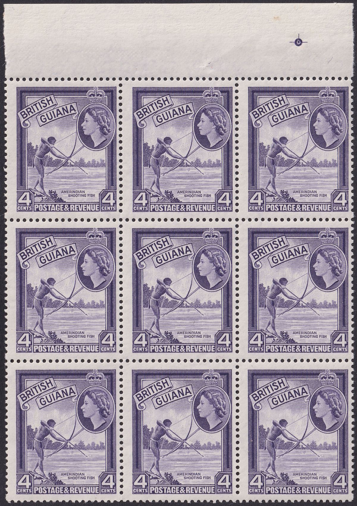 British Guiana 1961 QEII 4c Violet De La Rue Block of 9 Mint SG334a cat £135