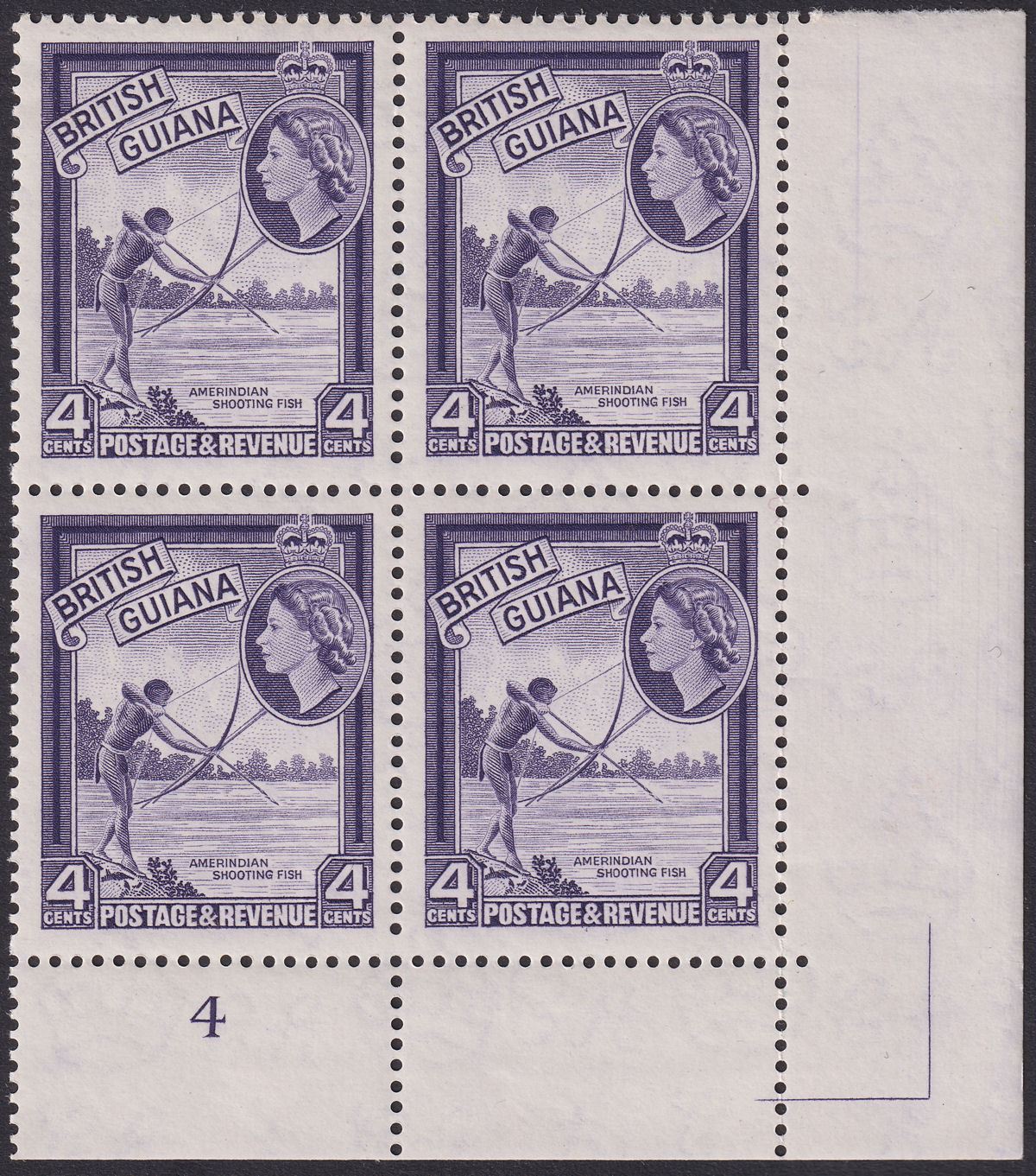 British Guiana 1961 QEII 4c Violet De La Rue Plate 4 Block of 4 Mint SG334a