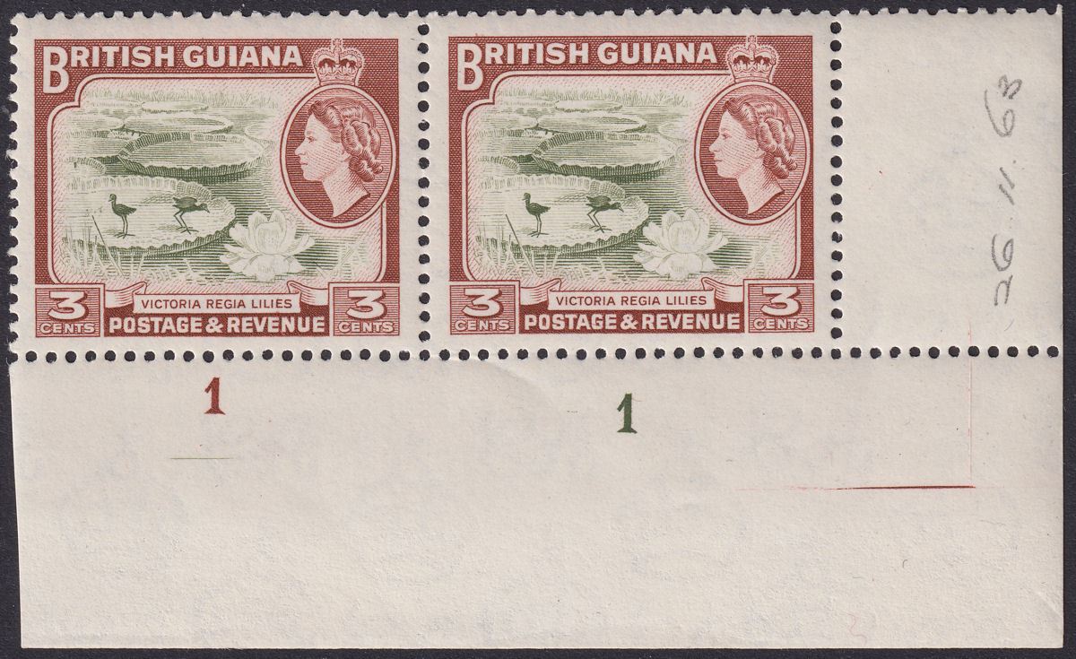 British Guiana 1963 QEII 3c De La Rue Plate 1-1 Corner Pair Mint SG333