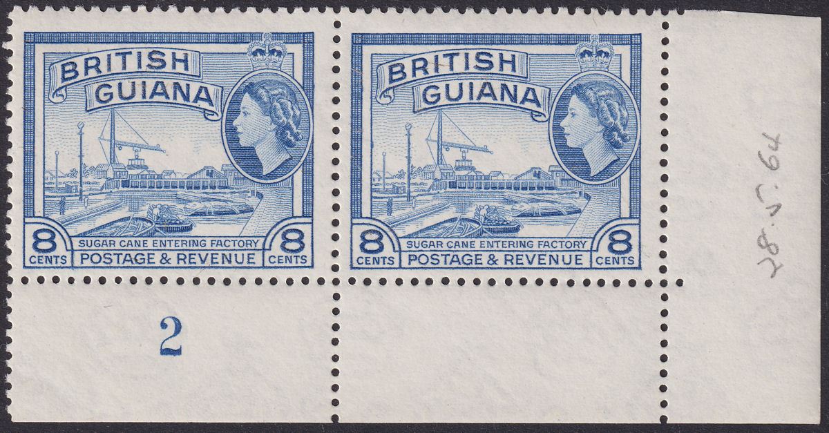 British Guiana 1964 QEII 8c Blue De La Rue Plate 2 Corner Pair Mint SG337a c£56