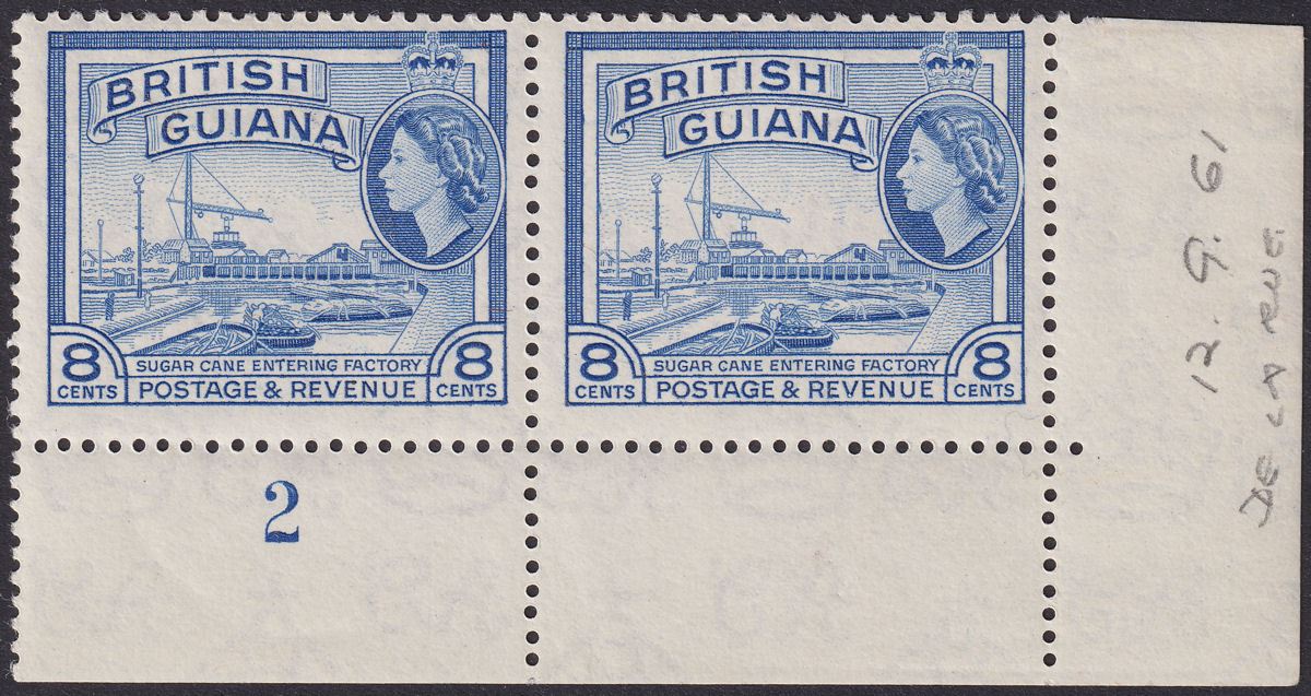 British Guiana 1961 QEII 8c Blue De La Rue Plate 2 Corner Pair Mint SG337a c£56