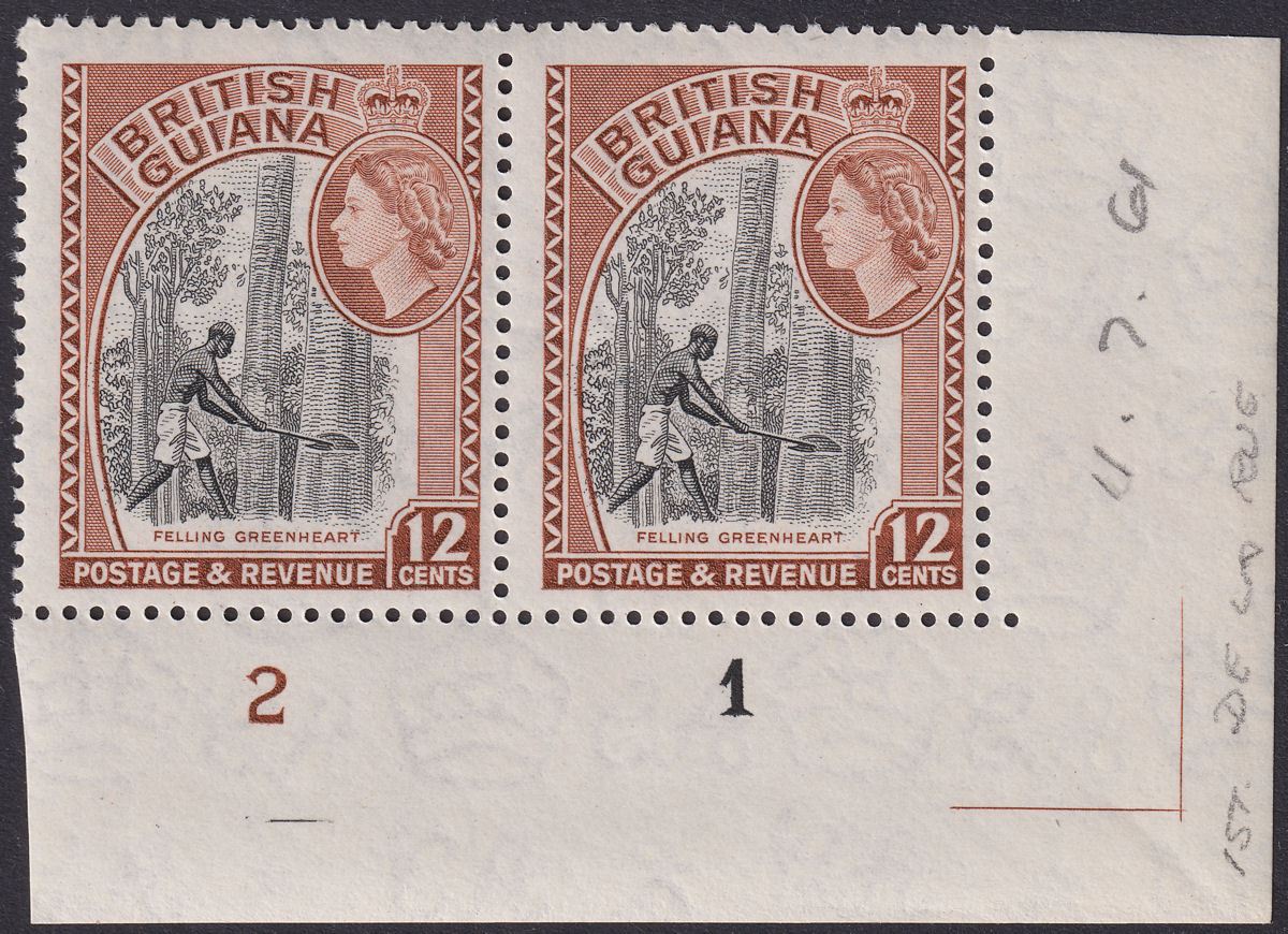 British Guiana 1961 QEII 12c Black + Brown De La Rue Plate 2-1 Pair Mint SG338b