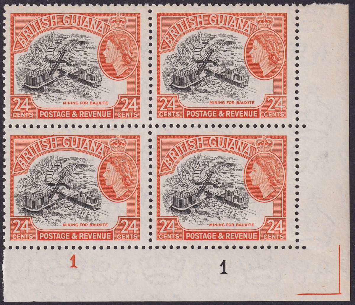 British Guiana 1954 QEII 24c Blk + Brn-Orange Plate 1-1 Corner Block Mint SG339