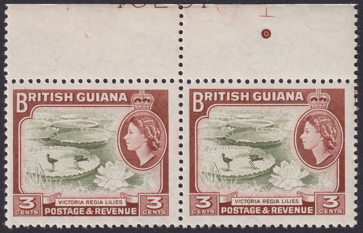 British Guiana 1954 QEII 3c Printers Plate Number 46261? Pair Mint SG333