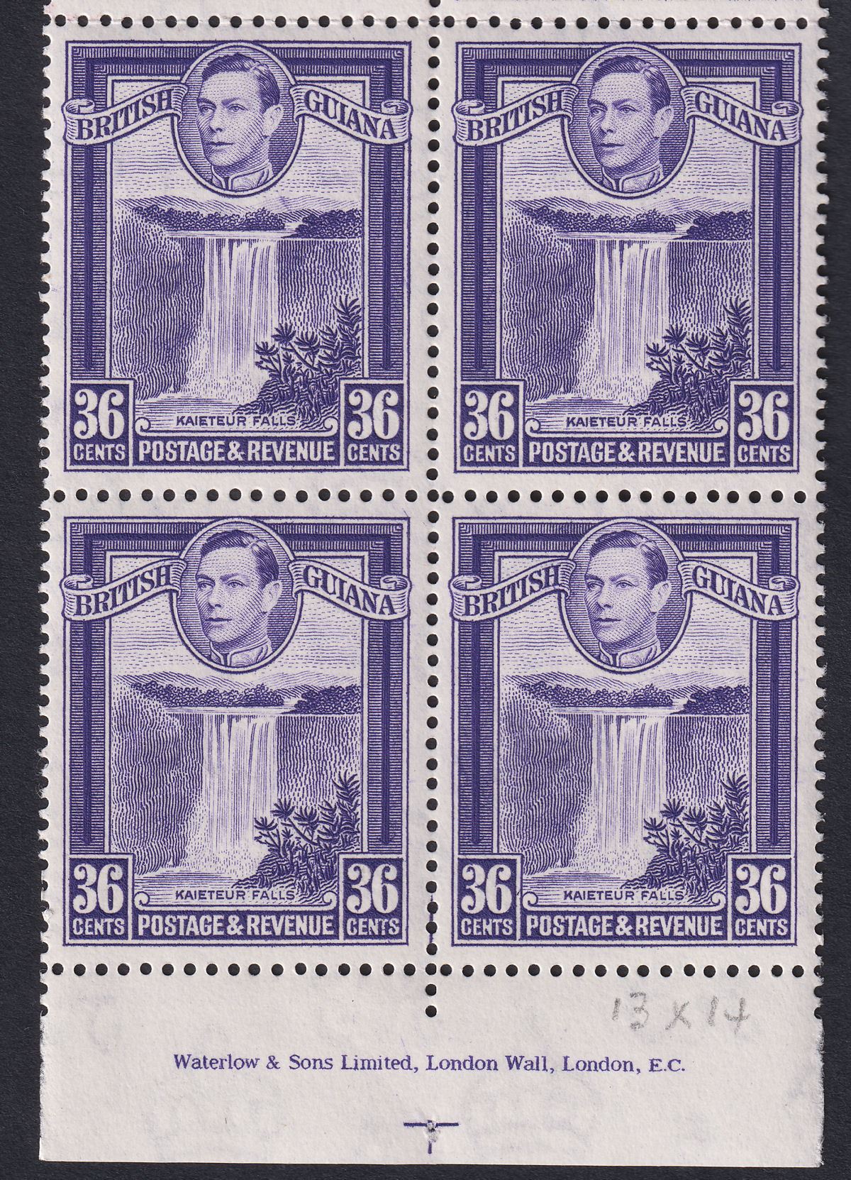 British Guiana 1951 KGVI 36c Bright Violet perf 13x14 Block of 12 Mint SG313a