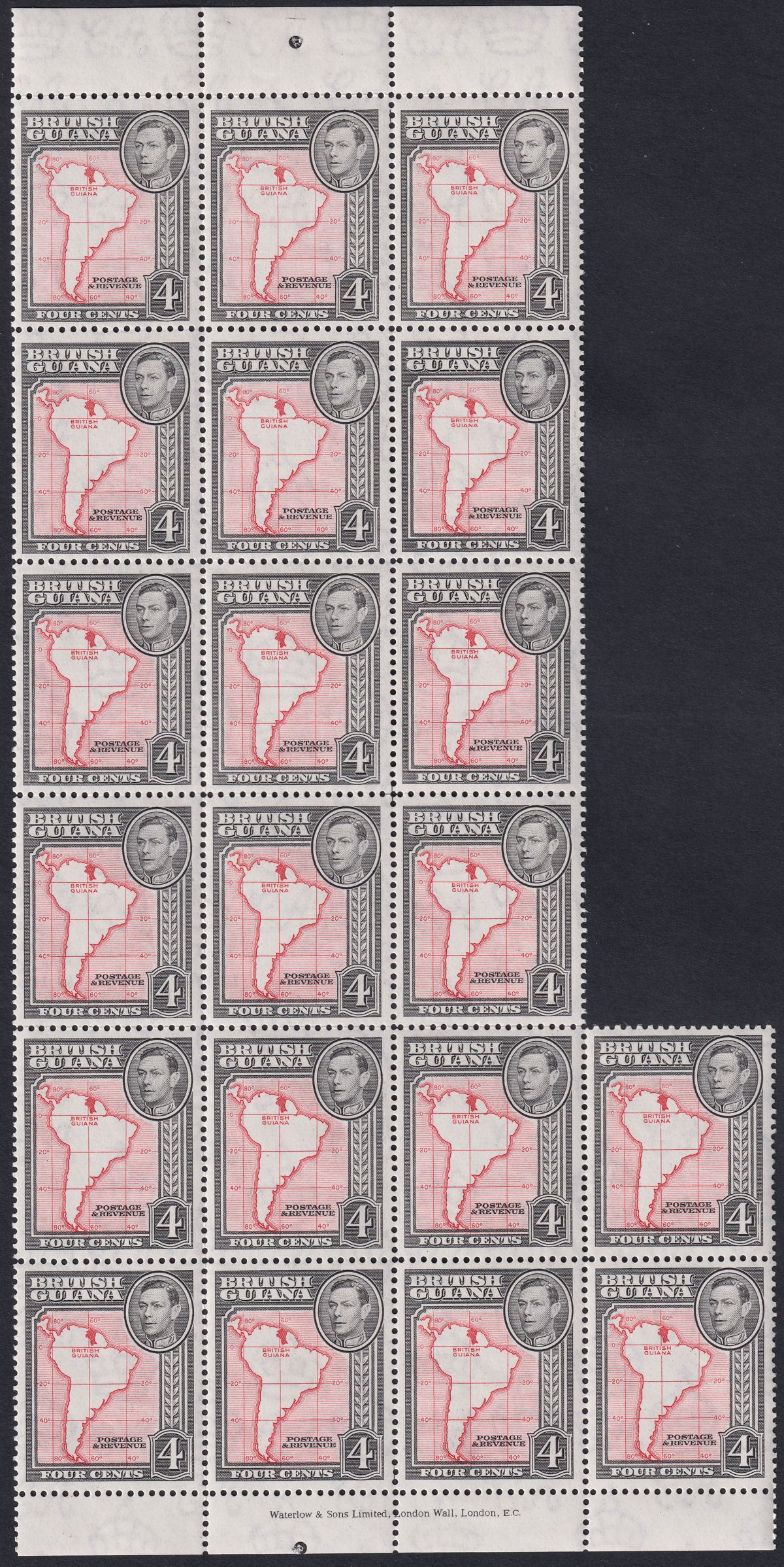 British Guiana 1952 KGVI 4c Scarlet + Black perf 13x14 Block of 20 Mint SG310b