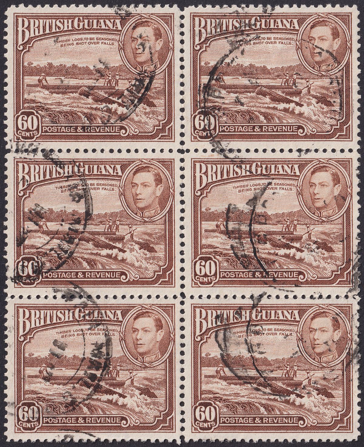 British Guiana 1938 KGVI 60c Red-Brown Block of 6 Used SG315 cat £57
