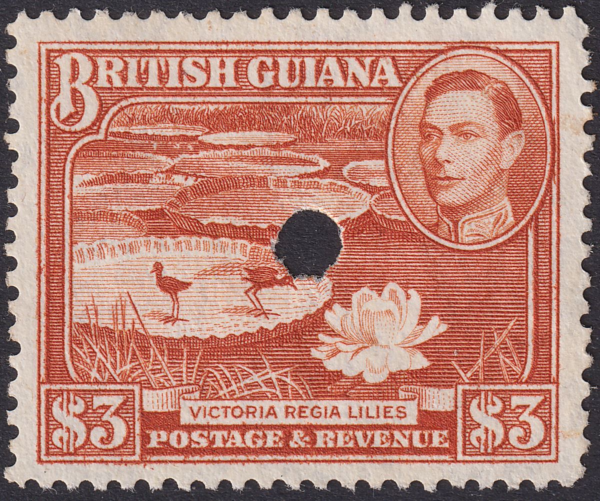 British Guiana 1946 KGVI $3 Bright Red-Brown p12½ Fiscally? Used SG319a