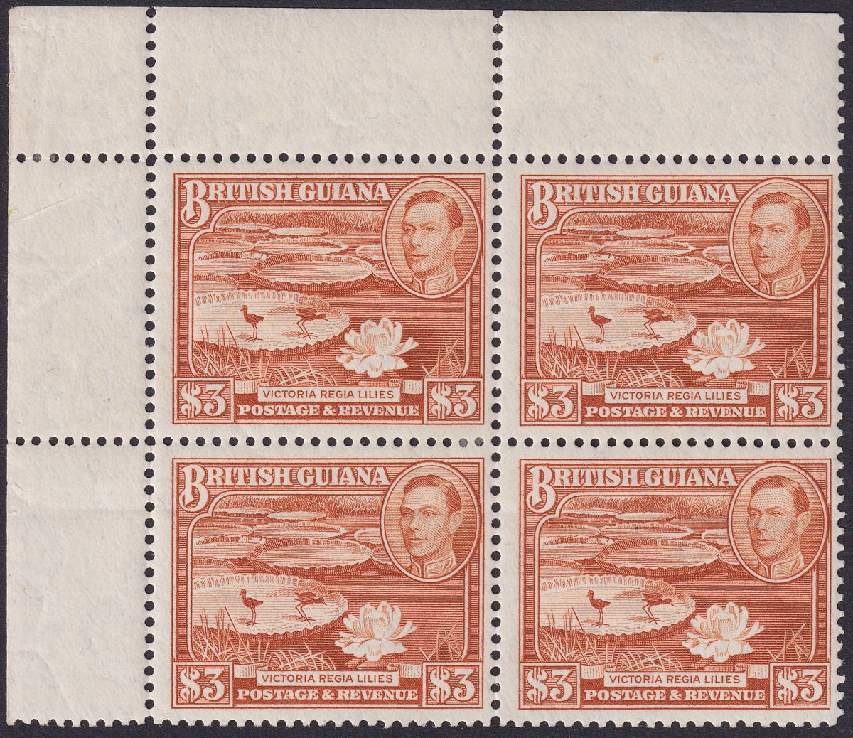 British Guiana 1945 KGVI $3 Red-Brown p12½ Corner Block of 4 Mint SG319 c£120
