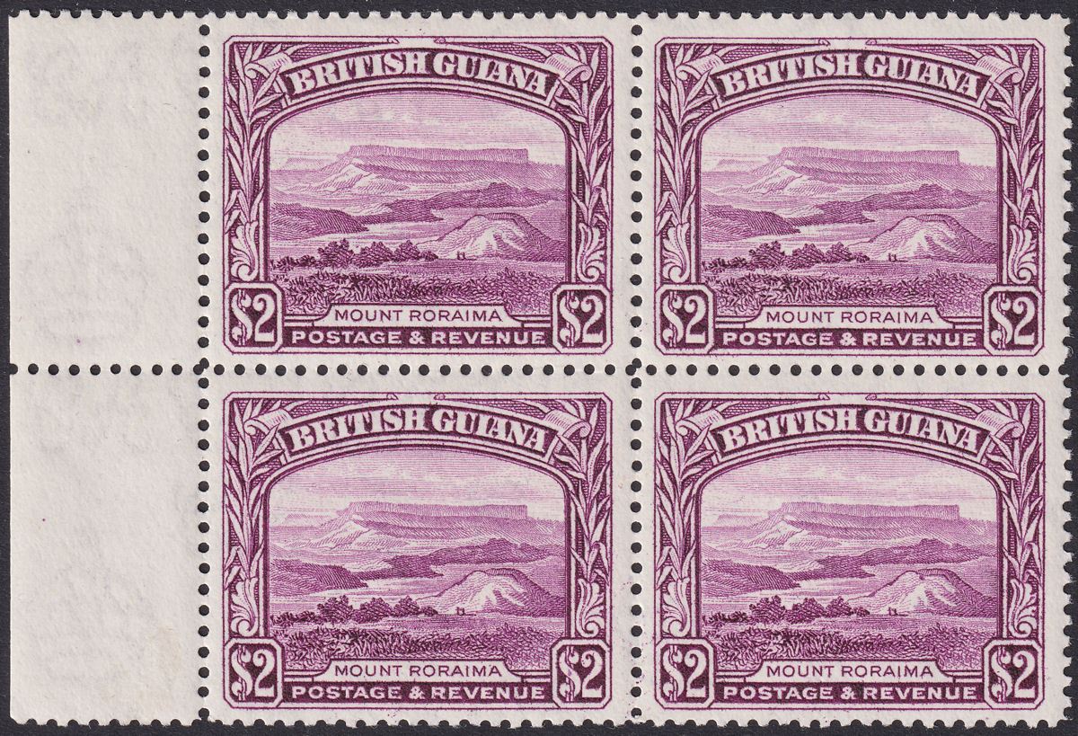 British Guiana 1945 KGVI $2 Purple p12½ Marginal Block 4 UM Mint SG318 cat £100
