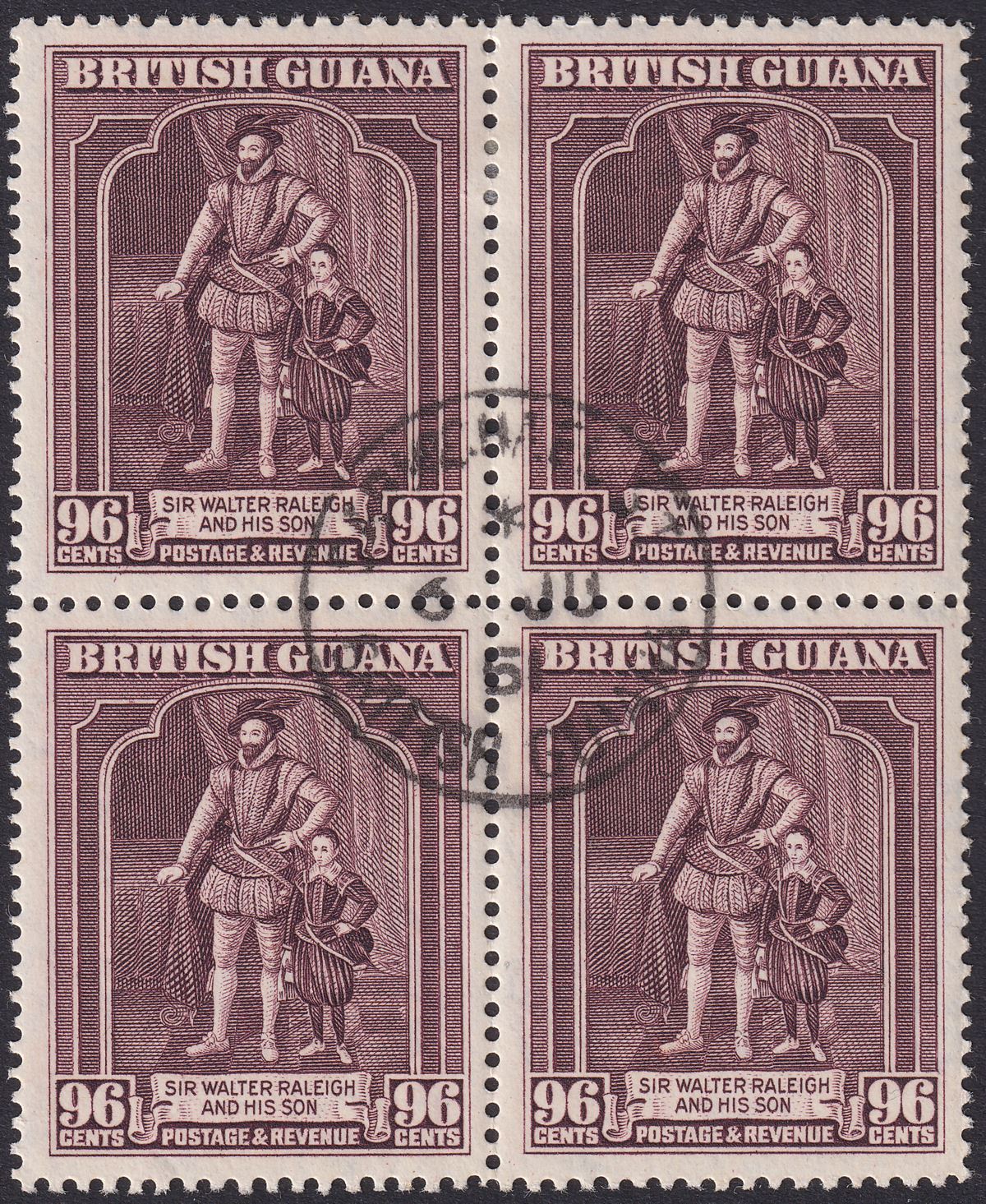 British Guiana 1944 KGVI 96c Purple perf 12½x13½ Block of 4 Used SG316a cat £80