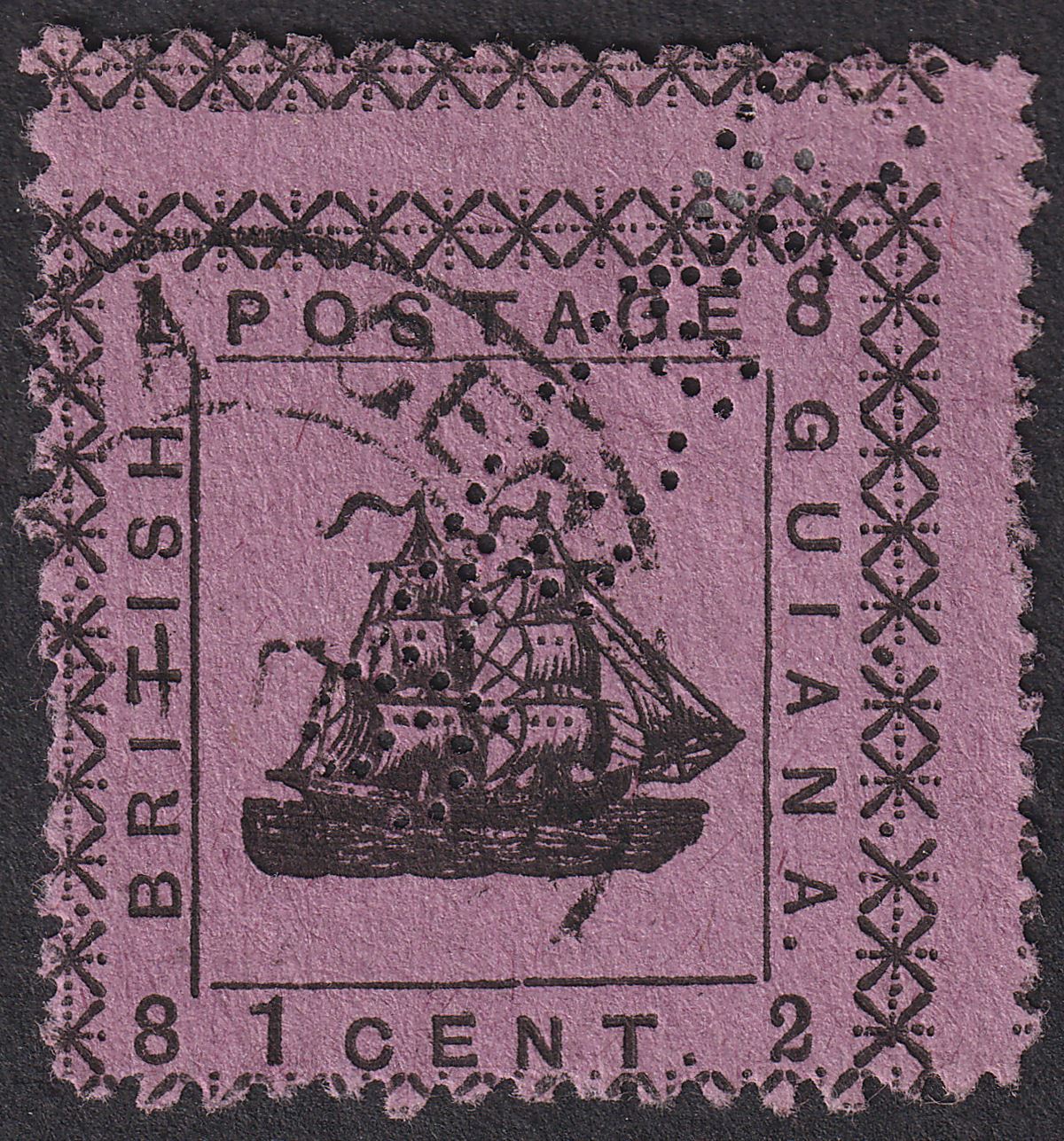 British Guiana 1882 QV Ship 1c Magenta Perf Specimen Used SG162 cat £30