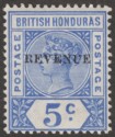 Click for more photos and details British Honduras 1899 QV Revenue 12mm Overprint 5c Ultramarine Mint SG66