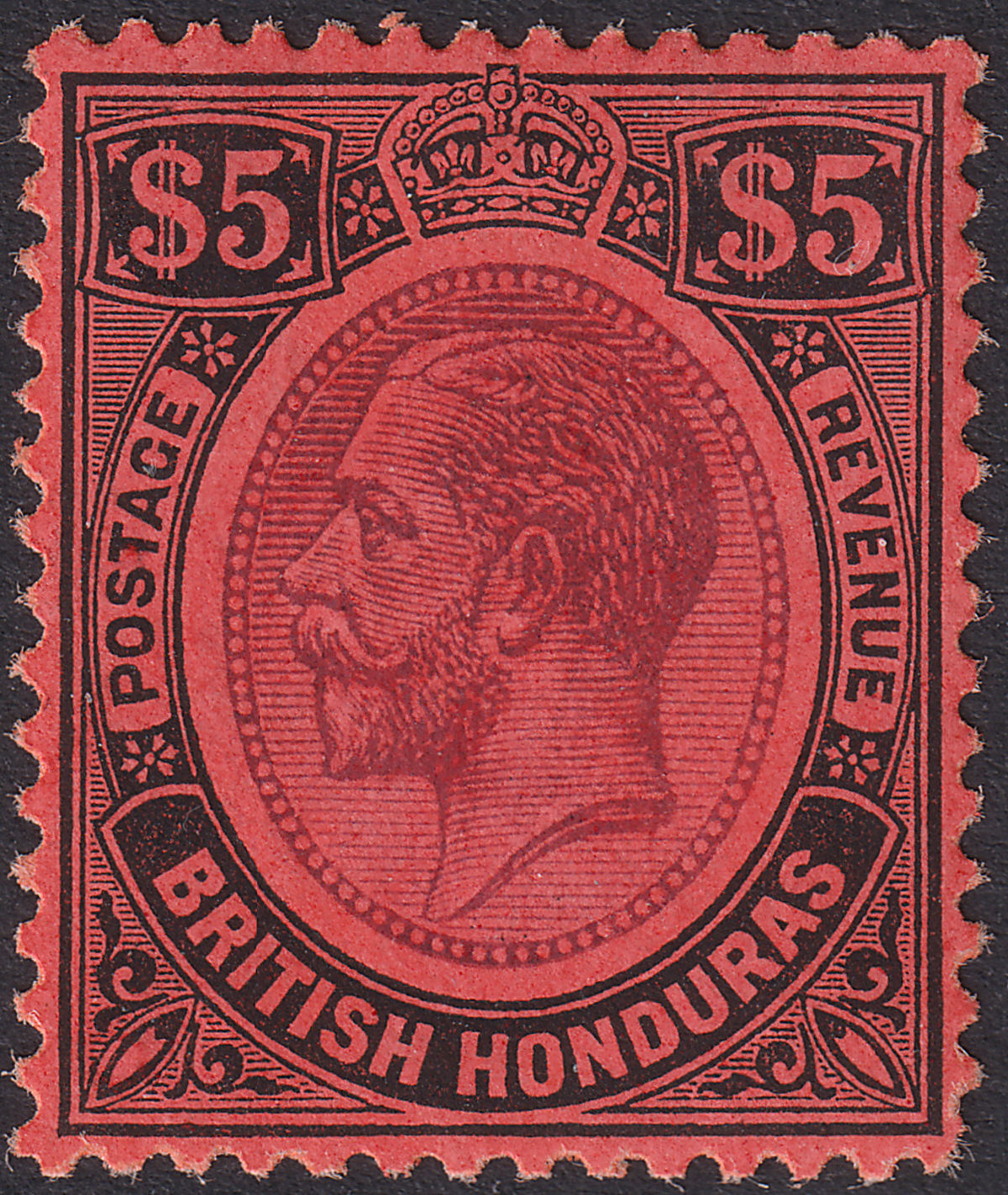 British Honduras 1922 KGV $5 Purple and Black on Red Mint SG125 cat £275