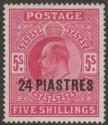 Click for more photos and details British Levant 1905 KEVII 24pi on 5sh Bright Carmine Mint SG12