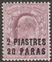 Click for more photos and details British Levant 1909 KEVII 2pi 20pa on 6d Dull Purple Mint SG20