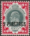 Click for more photos and details British Levant 1909 KEVII 5pi on 1sh Dull Green and Carmine Mint SG21