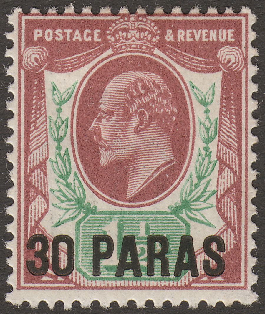 British Levant 1911 KEVII 30pa on 1½d Reddish Purple + Bright Green Mint SG29