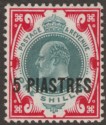 Click for more photos and details British Levant 1909 KEVII 5pi on 1sh Dull Green and Carmine Mint SG21