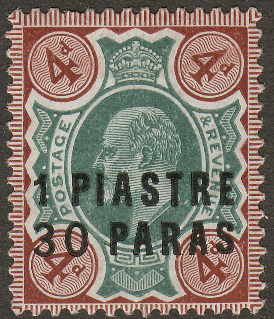 British Levant 1909 KEVII 1pi 30pa on 4d Green and Chocolate-Brown Mint SG18