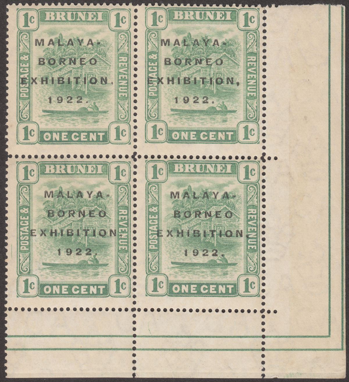 Brunei 1922 KGV Malaya-Borneo Exhibition Opt 1c Broken N Block Mint SG51c cat£62