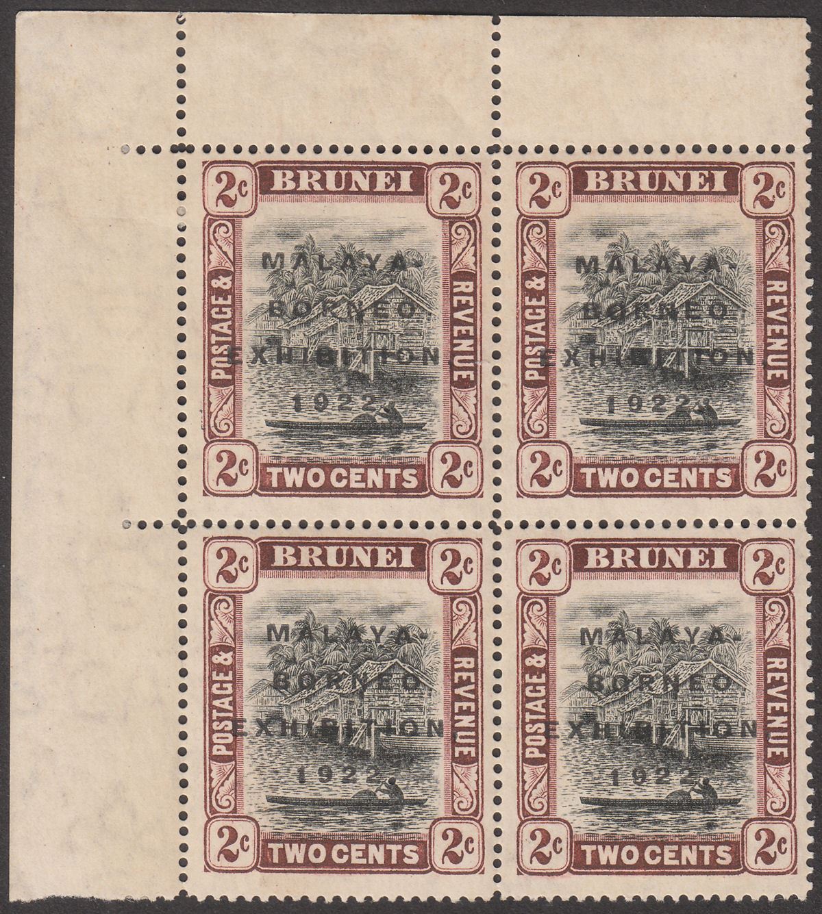 Brunei 1922 KGV Malaya-Borneo Exhibition Opt 2c Short I Block Mint SG52a cat £68
