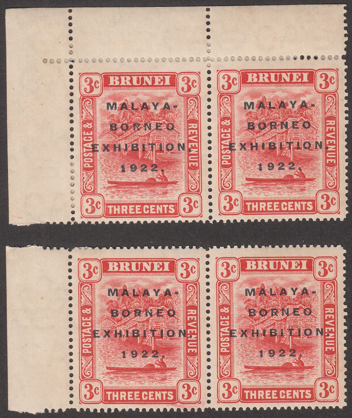 Brunei 1922 KGV Malaya-Borneo Exhibition Opt 3c Short I Pairs Mint SG53a cat £68