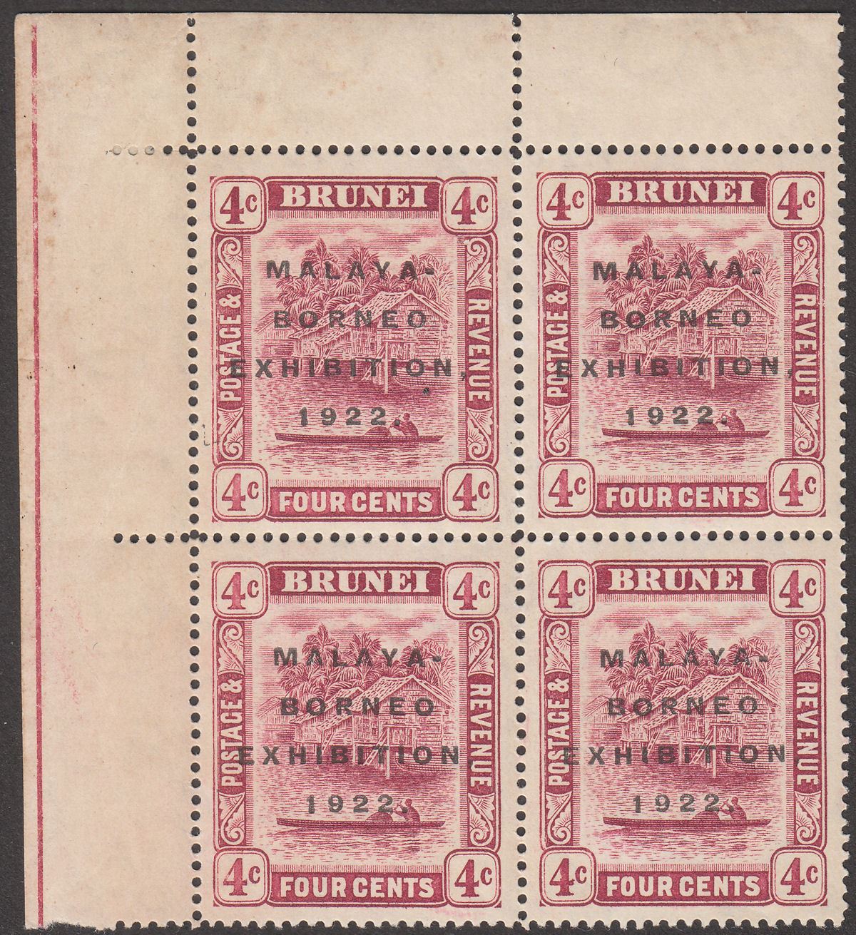 Brunei 1922 KGV Malaya-Borneo Exhibition Opt 4c Short I Block Mint SG54a c£90
