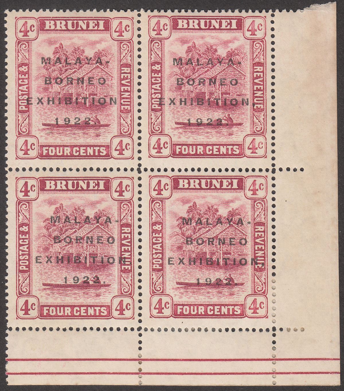 Brunei 1922 KGV Malaya-Borneo Exhibition Opt 4c Broken N Block Mint SG54c c£90
