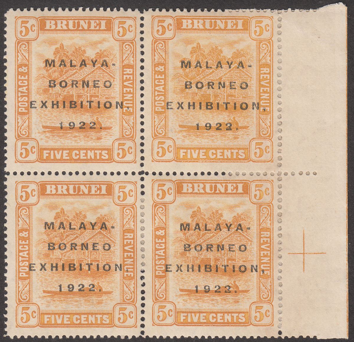 Brunei 1922 KGV Malaya-Borneo Exhibition Opt 5c Broken N Block Mint SG55d c£126