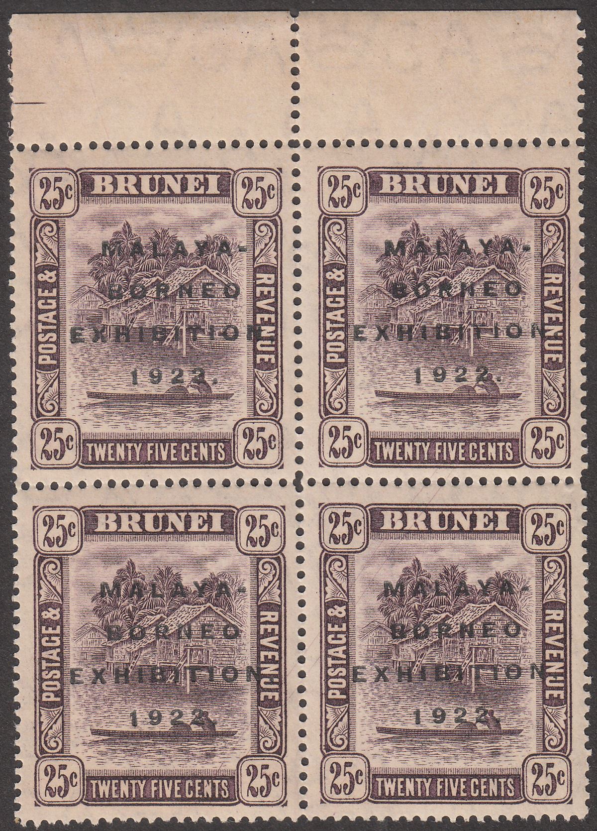Brunei 1922 KGV Malaya-Borneo Exhibition Opt 25c Short I Block Mint SG57a cat£96