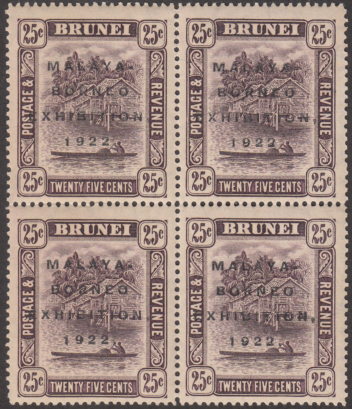 Brunei 1922 KGV Malaya-Borneo Exhibition Opt 25c Broken N Block Mint SG57c c£96
