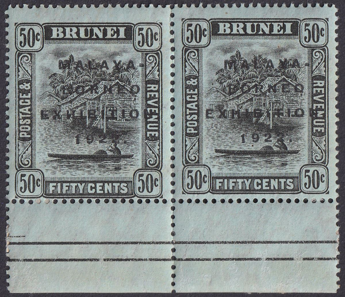 Brunei 1922 KGV Malaya-Borneo Exhibition Opt 50c Short I Pair Mint SG58a c £130