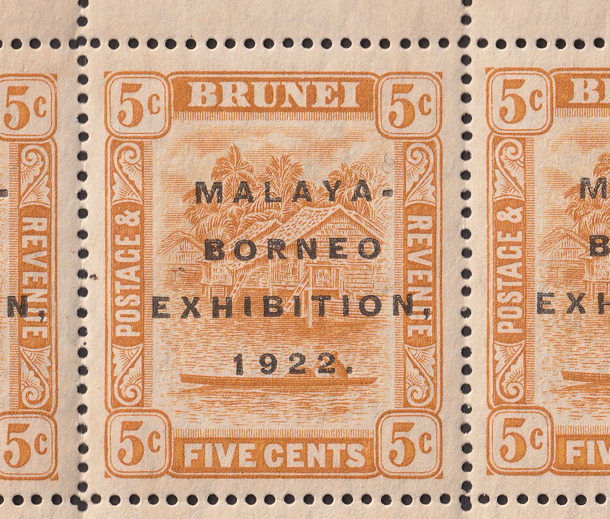 Brunei 1922 KGV Malaya-Borneo Exhibition 5c Retouched 5 Block Mint SG55a c£600+