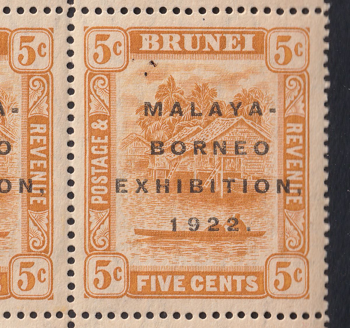 Brunei 1922 KGV Malaya-Borneo Exhibition 5c Retouched 5 Block Mint SG55a c£600+