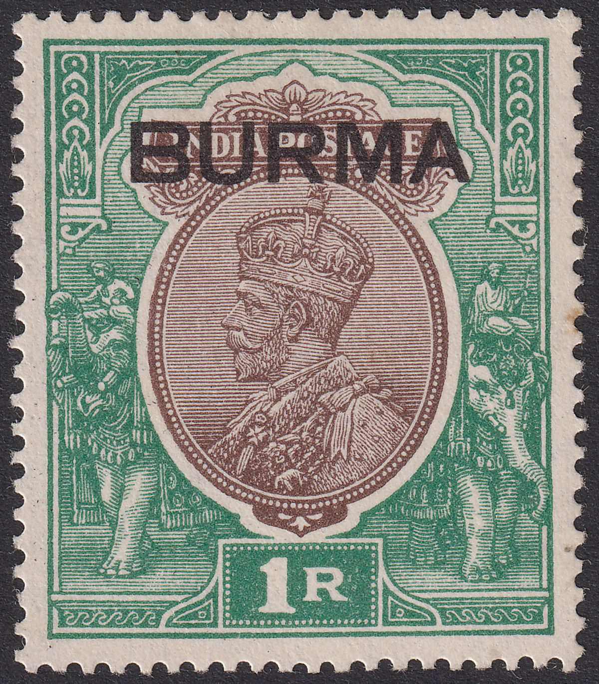 Burma 1937 KGV Opt on India 1r Chocolate and Green Mint SG13 cat £70 MARK