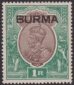Burma 1937 KGV Opt on India 1r Chocolate and Green Mint SG13 cat £70 MARK