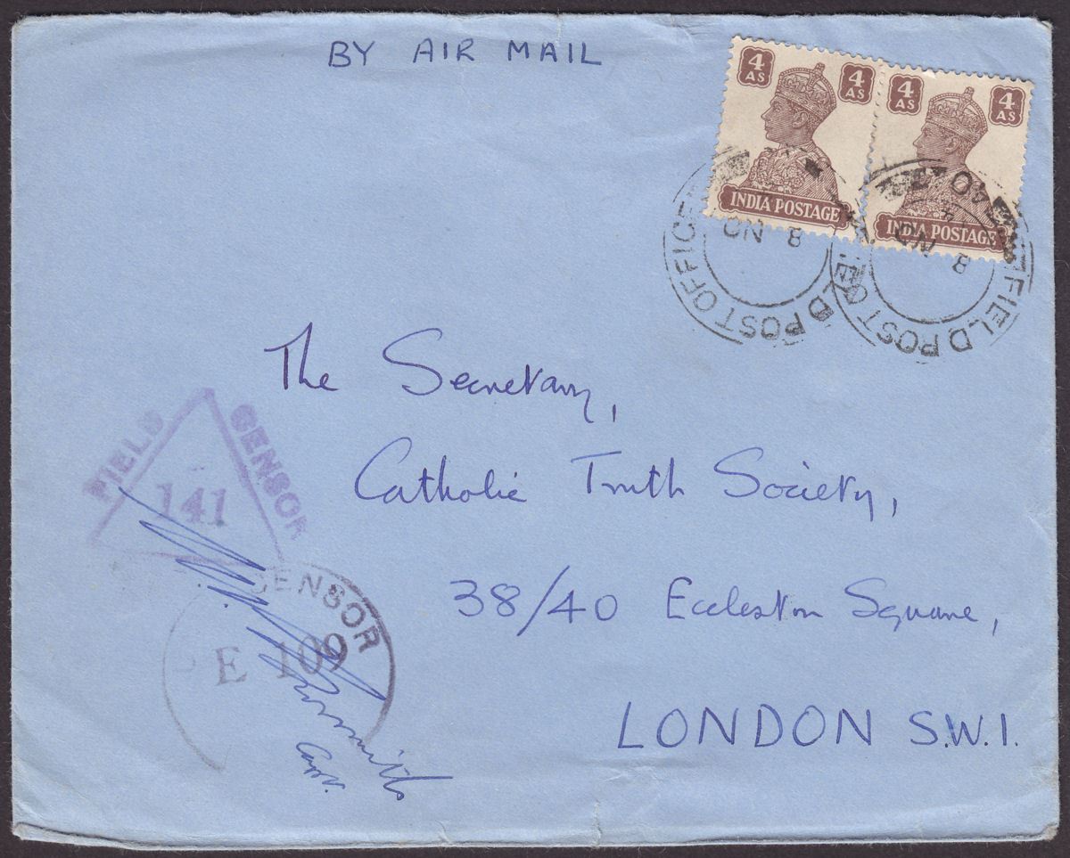 GB Army FPO 40 1944 KGVI 4a x2 Used on Cover Gwalior, India to UK with Censor