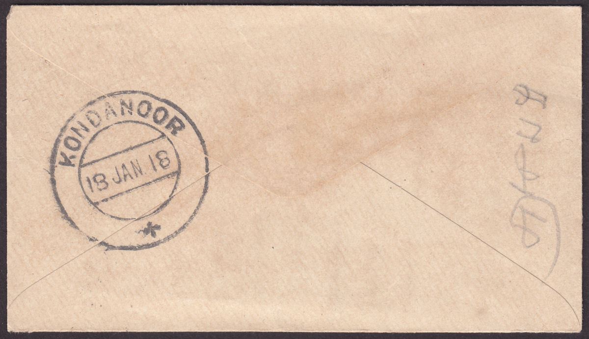 India used Burma 1918 KGV ½a Used PS Cover Railway TPO R-1 IN Set No 1 Postmark