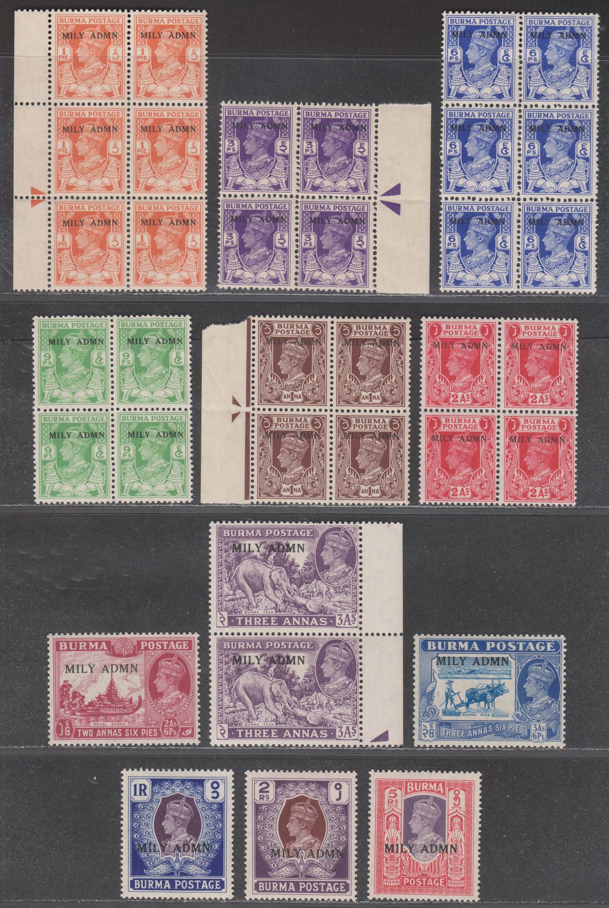 Burma 1945 KGVI Military Administration Overprint Part Set to 5r inc Blocks Mint