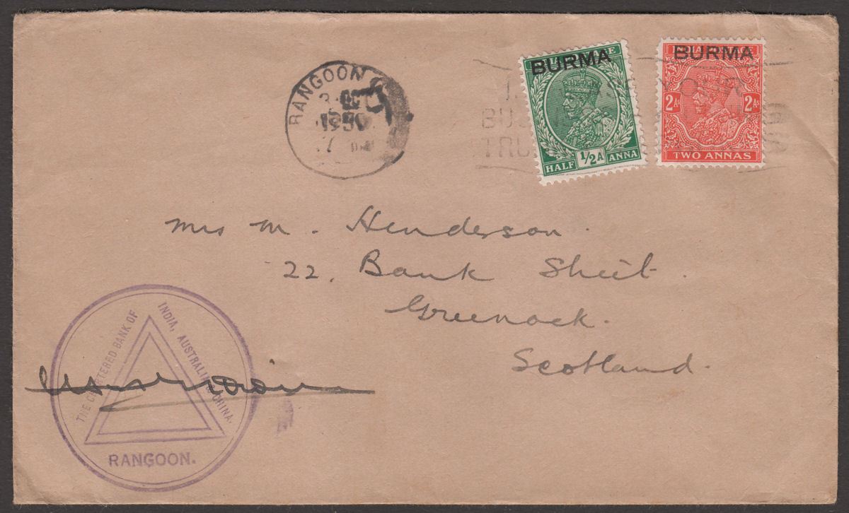 Burma KGV 2a, ½a Overprints Used on Chartered Bank Cover Rangoon to Scotland