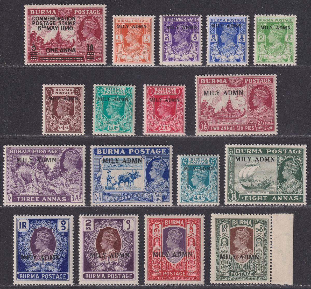 Burma 1945 KGVI Military Administration Overprint Set Mint SG35-50