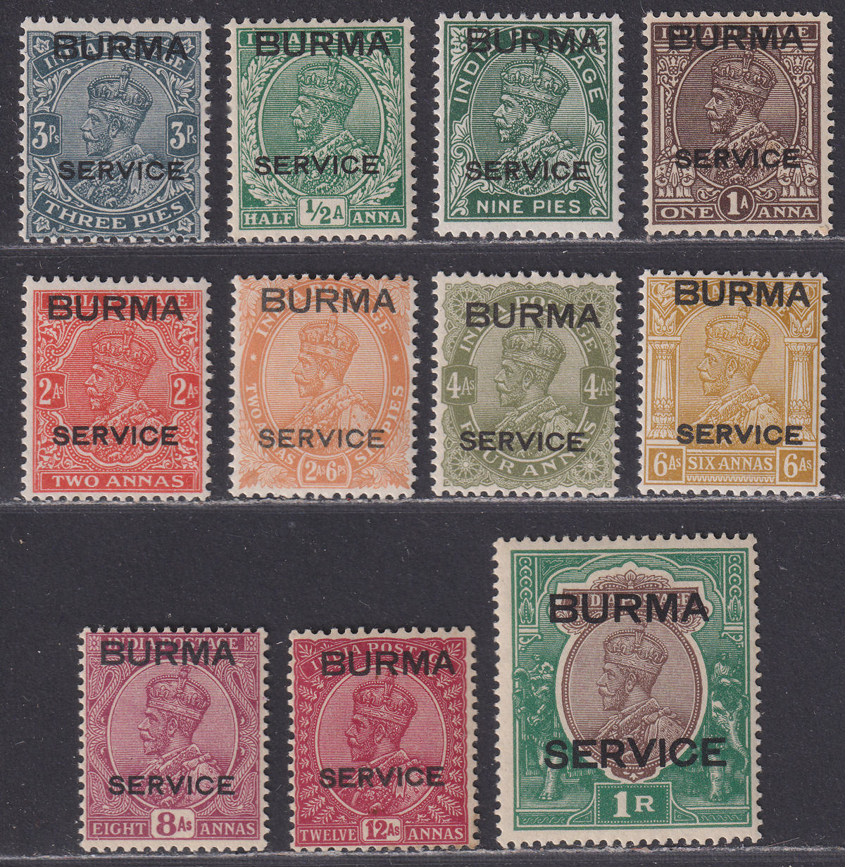 Burma 1937 KGV Official Service Overprint Set to 1r Mint SG O1-O11 cat £195