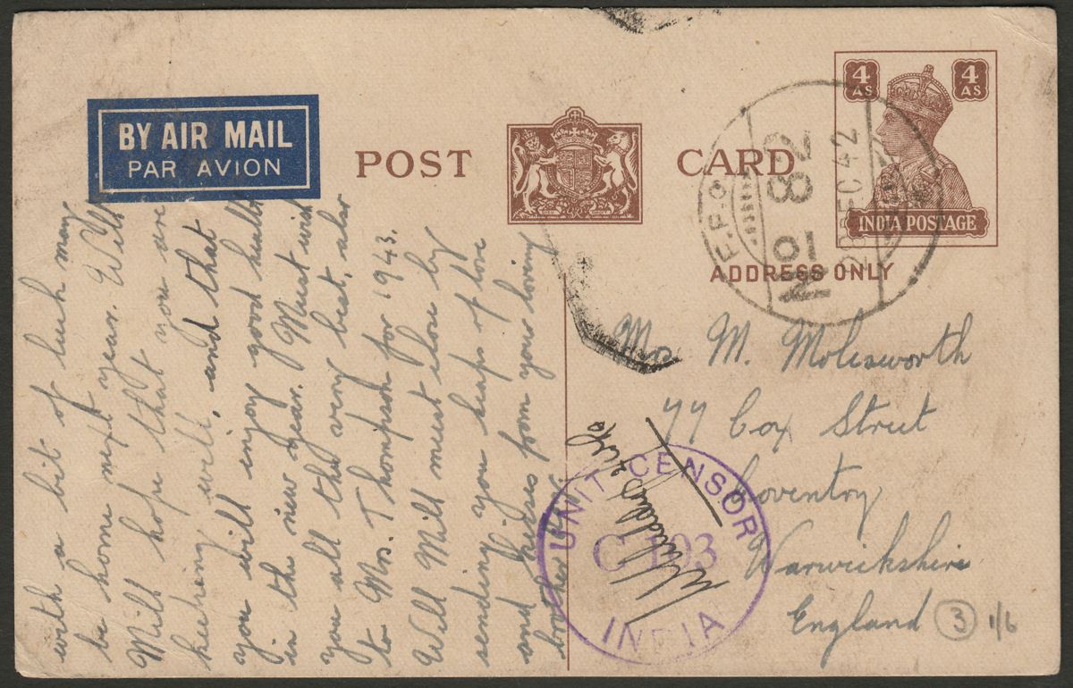 India 1942 KGVI 4a Postal Stationery Postcard w FIELD POST OFFICE 82 Postmark