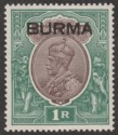 Click for more photos and details Burma 1937 KGV Opt on India 1r Chocolate and Green Mint SG13