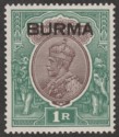 Burma 1937 KGV Opt on India 1r Chocolate and Green Mint SG13